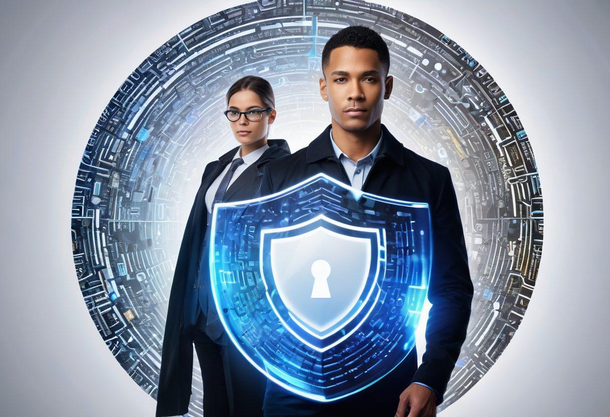 A confident individual standing strong with a shield representing protection against identity theft, surrounded by digital symbols like locks and personal data in a bright, secure atmosphere. The background features a mix of technology and empowerment elements, such as light beams and abstract patterns signifying safety and awareness. super-realistic. vibrant colors. white background.