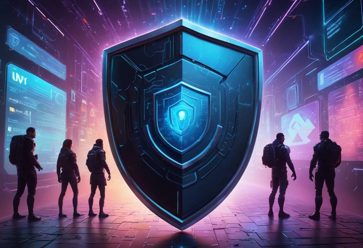 A digital shield icon, symbolizing protection, surrounded by various online elements like passwords, credit cards, and social media logos, all enclosed in a vibrant cybernetic background. The shield exudes a bright light, representing security, while shadowy figures attempt to breach the perimeter, emphasizing the threat of digital theft. super-realistic. vibrant colors. cyberpunk.