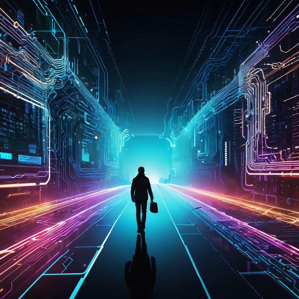 A conceptual illustration depicting a futuristic digital landscape with a person walking on a path made of circuit lines. Along the path, there are various cybersecurity elements such as locks, shields, and firewalls, glowing in vibrant colors. The sky is a blend of abstract technology patterns, symbolizing data flow and connectivity. Include symbols of privacy, like a magnifying glass over a document and a virtual key. cyberpunk. super-realistic. vibrant colors.